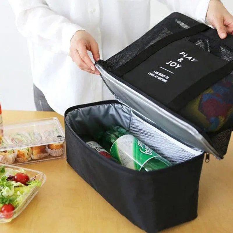 Sac fourre-tout de plage 2-en-1 — Partie supérieure en filet ouvert et compartiment isotherme zippé