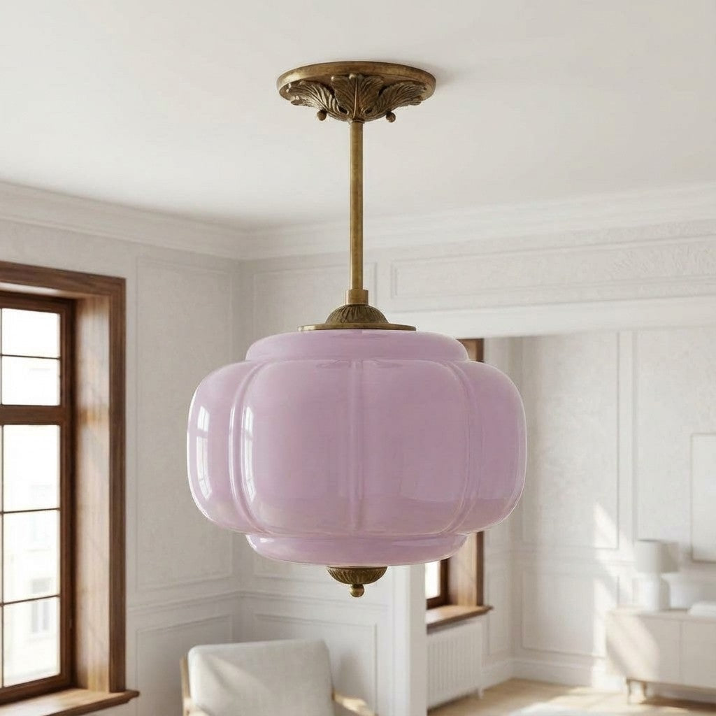 Vintage Milk Glass Ceiling Light With Fluted Rim White Pink Green Matte Glass Brass Black