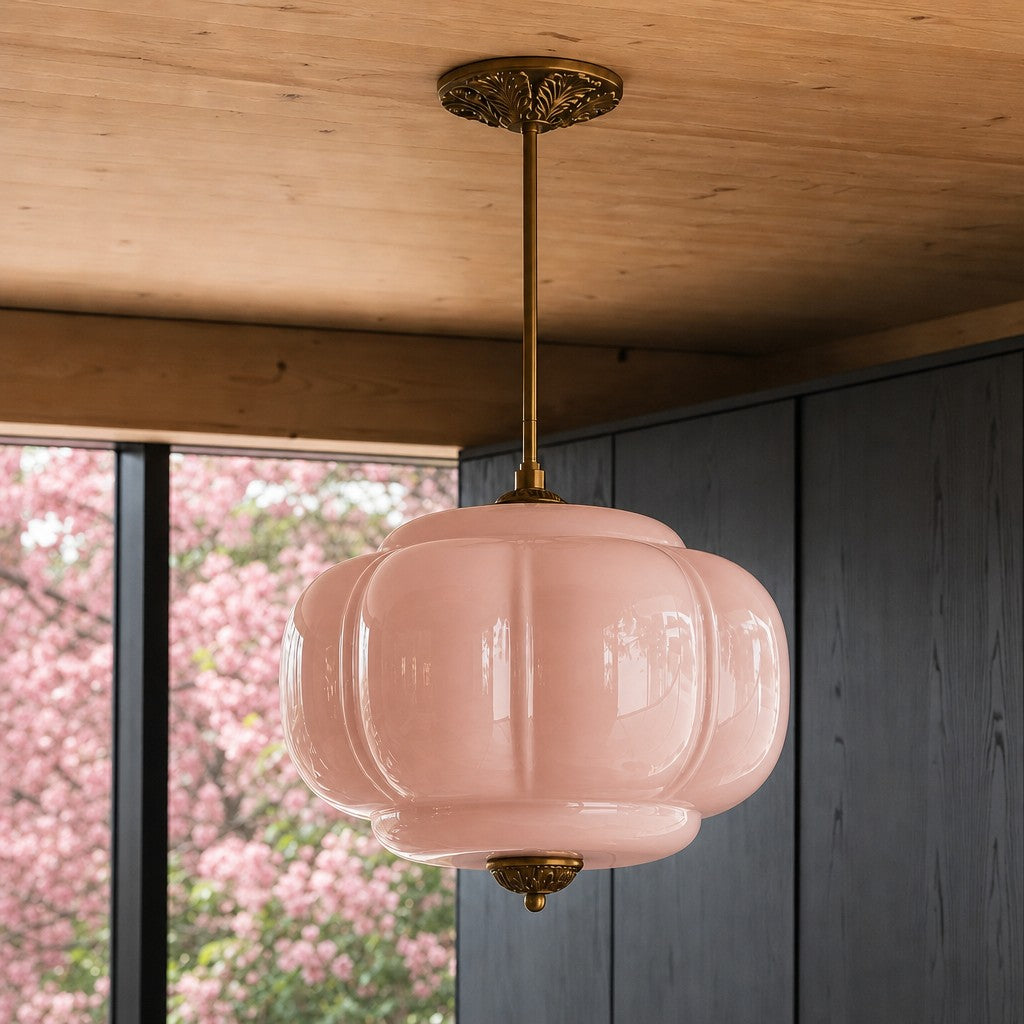 Vintage Milk Glass Ceiling Light With Fluted Rim White Pink Green Matte Glass Brass Black