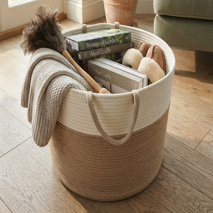 Panier à linge en corde de coton de 58 L — Ø38 × 50cm, poignées de transport renforcées