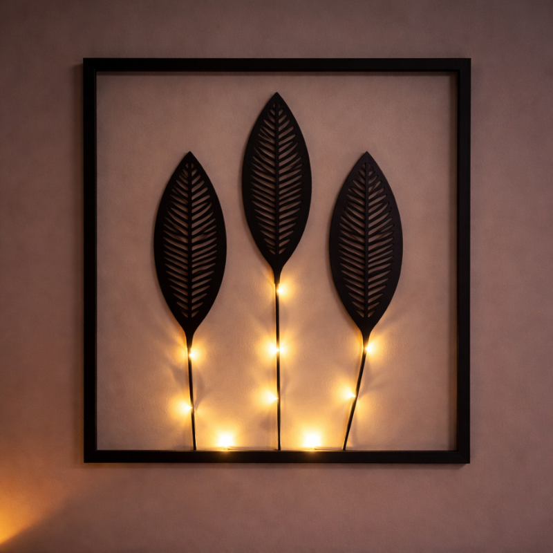 Three-Piece LED Photo Frame Set With Faux Plant In Black Metal Mood Lighting