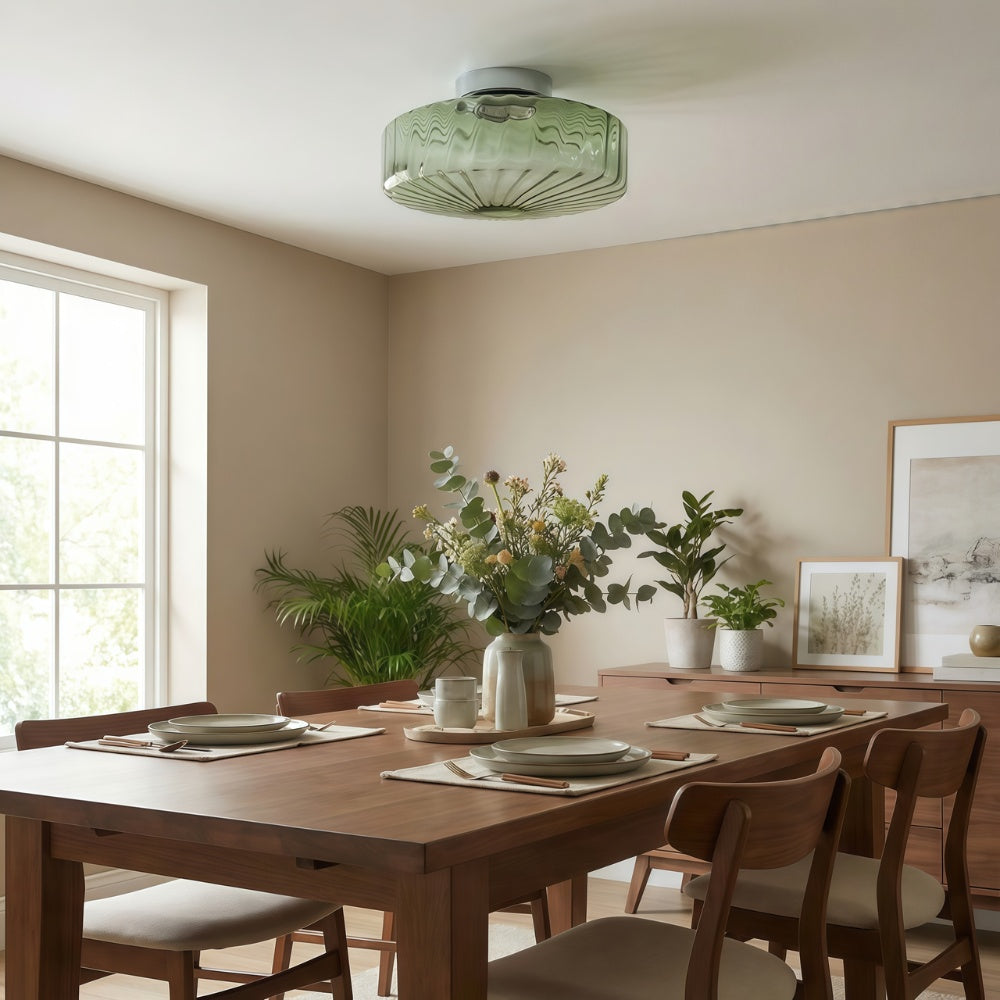 Vintage Ribbed Green Glass Ceiling Light For Dining Room Entrance And Hallway