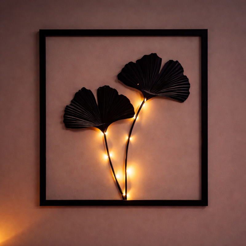 Three-Piece LED Photo Frame Set With Faux Plant In Black Metal Mood Lighting