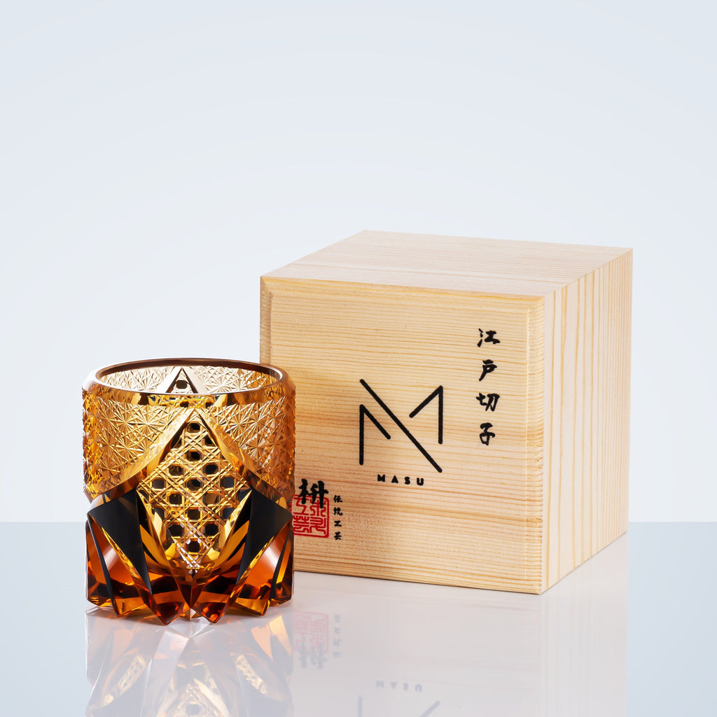Whiskey Glass Edo Kiriko Dark Knight Handmade Dark Amber Japanese Crystal Box