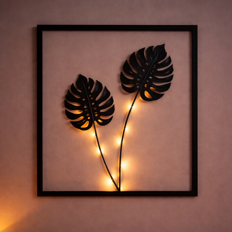 Three-Piece LED Photo Frame Set With Faux Plant In Black Metal Mood Lighting