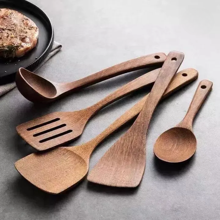 Set de 9 ustensiles de cuisine en teck massif — Outils anti-rayures avec support et plateau
