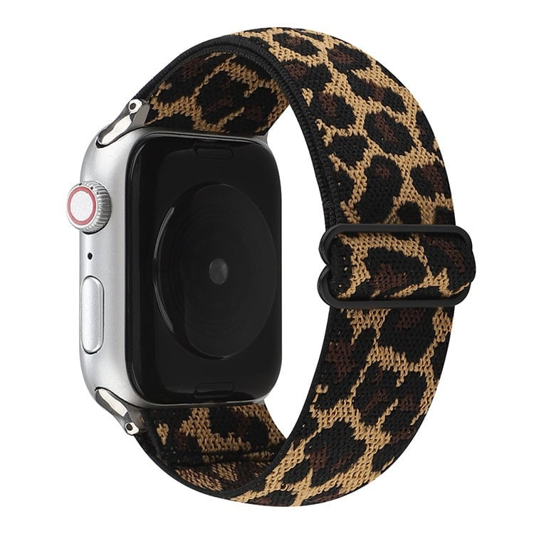 Elastický řemínek s leopardím vzorem pro Apple Watch — bezpečné zapínání na sponu