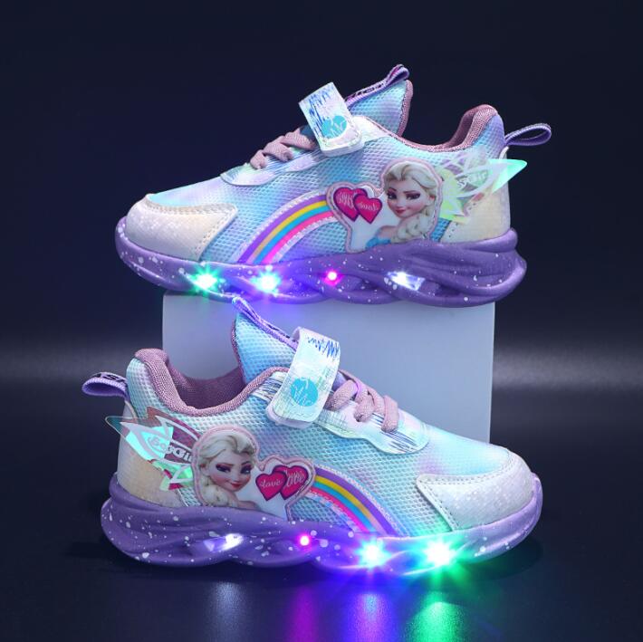 Glittery LED Light Up Kids Sneakers With Pink Accents And Purple Trim