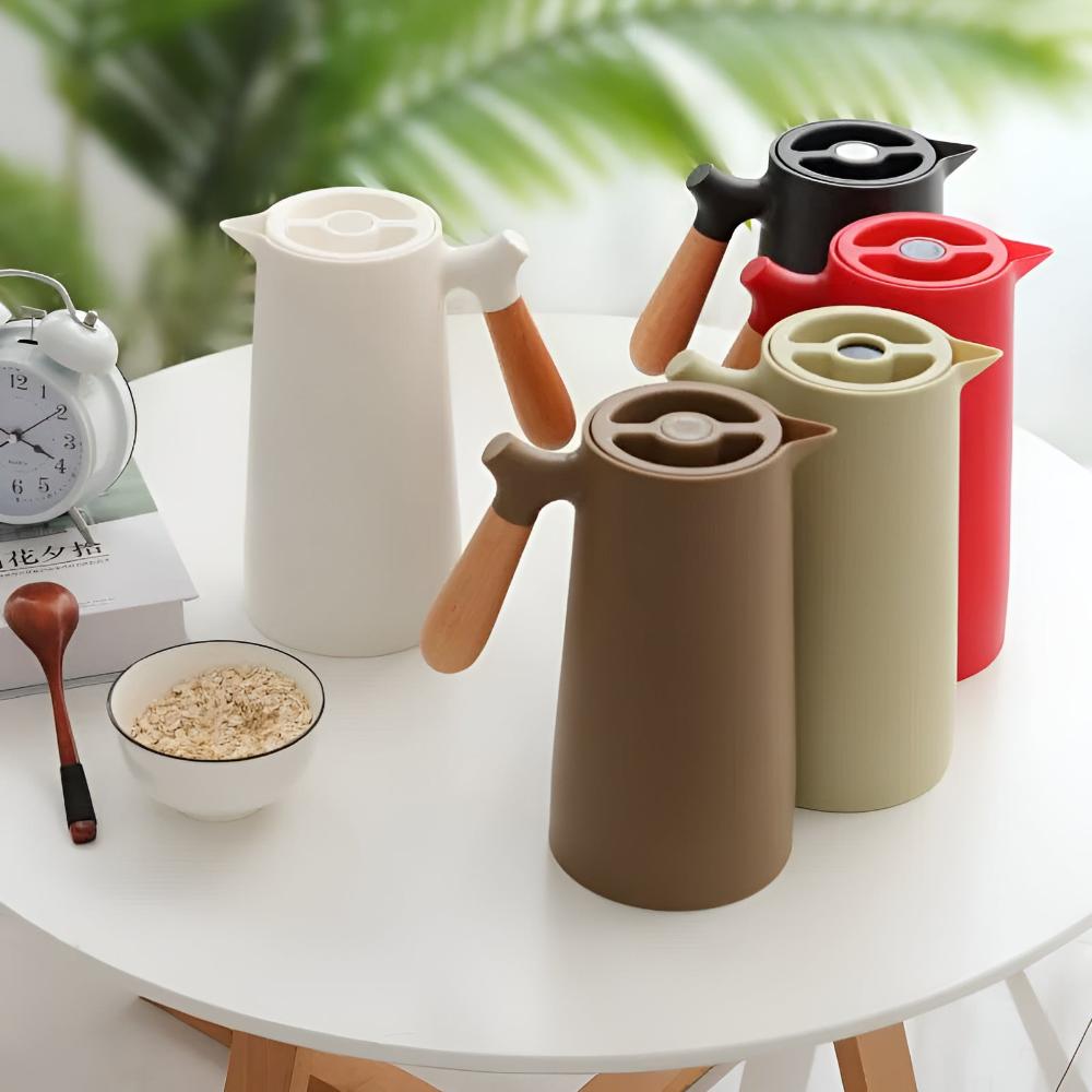 Thermos 1L Stainless Steel Carafe With Beige Wooden Handle Insulated Leakproof