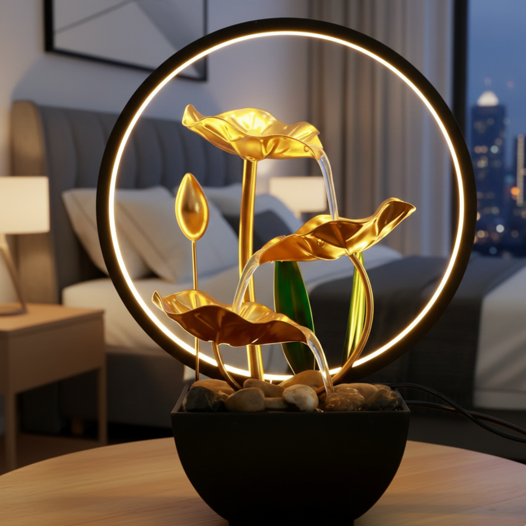 LED Tischbrunnen USB-betrieben mit sanftem Wasserfluss und warmem Licht zur Entspannung
