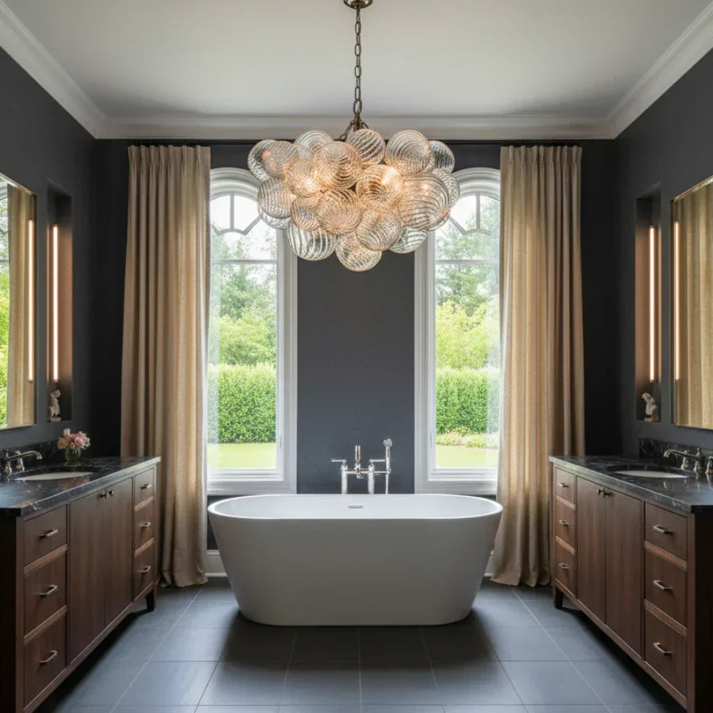 Clear Glass Bubble Chandelier With Ribbed Glass Detailing For Elegant Modern Interior Lighting