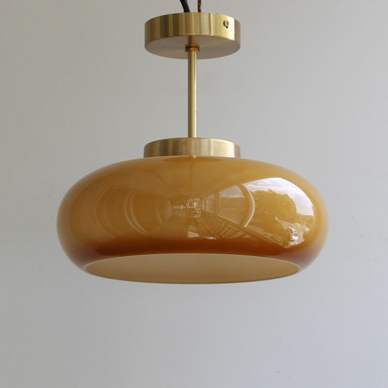 Vintage Yellow Glass Brass Semi Flush LED Ceiling Light Fixture