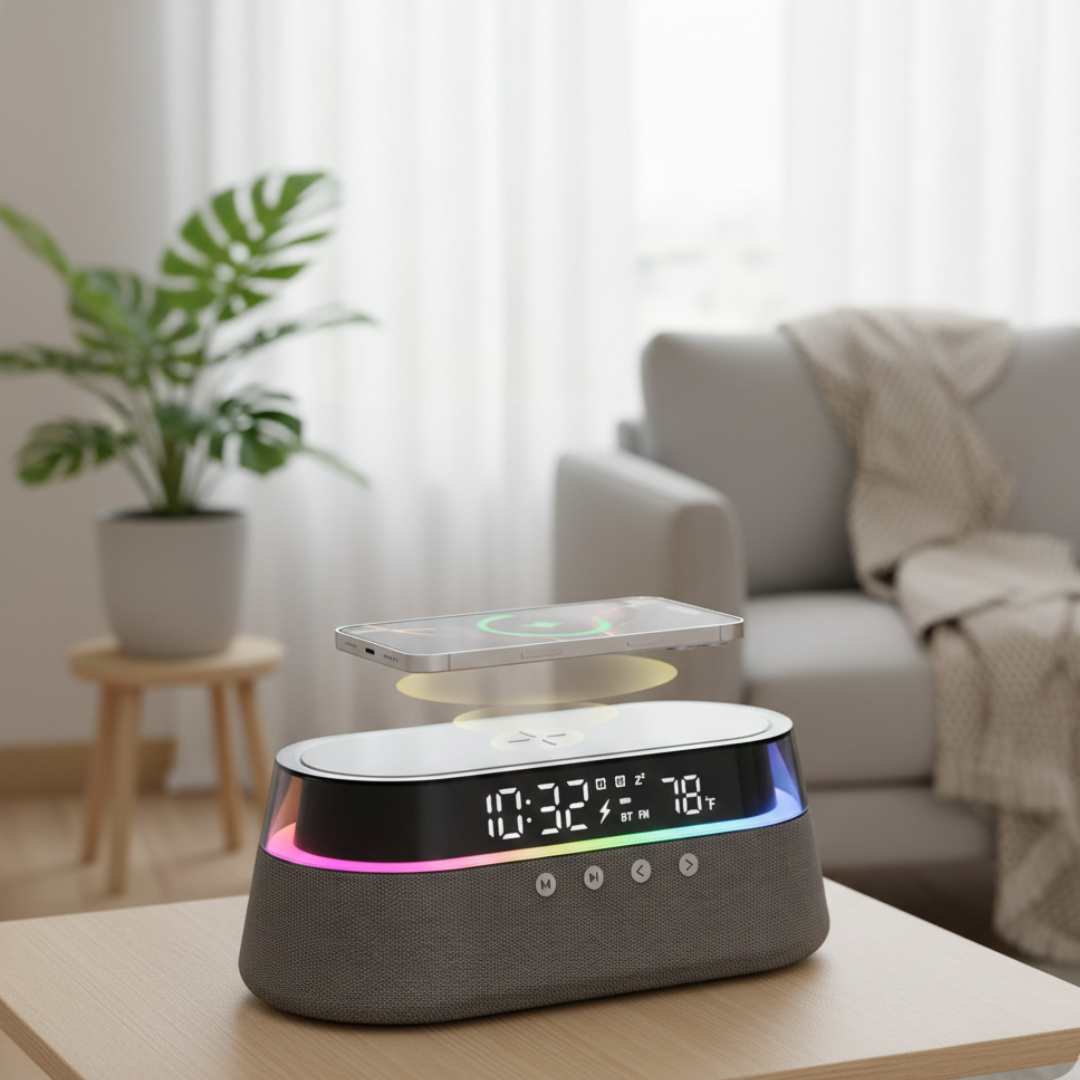 Six-In-One Alarm Clock With Wireless Charging, Bluetooth Speaker, FM Radio, Dual Alarms, USB Charger, And RGB Night Light