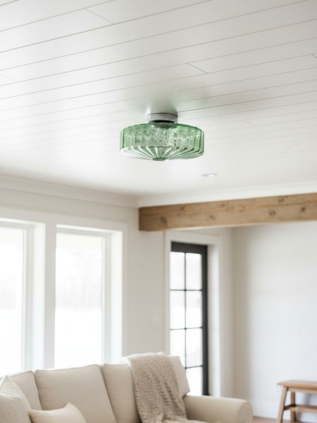 Vintage Ribbed Green Glass Ceiling Light For Dining Room Entrance And Hallway