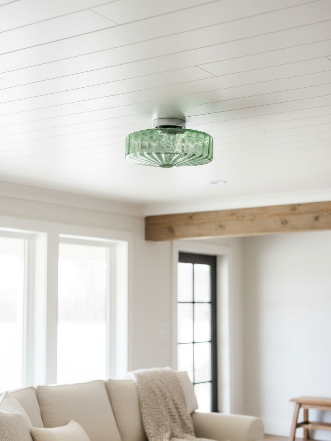 Vintage Ribbed Green Glass Ceiling Light For Dining Room Entrance And Hallway