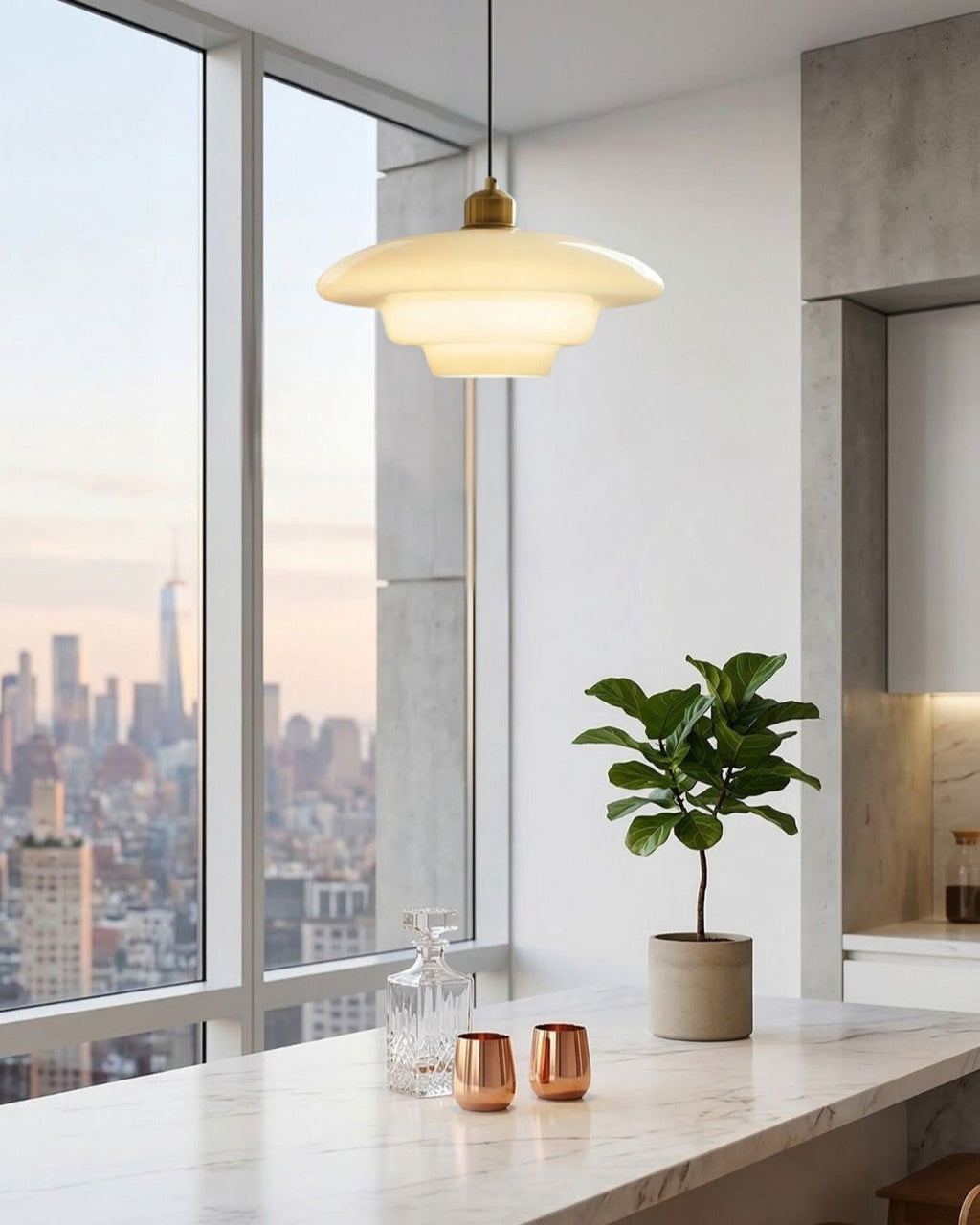 TINA Pendant Light, Mid-Century Milk-White Glass With Brushed Brass, Adjustable E27