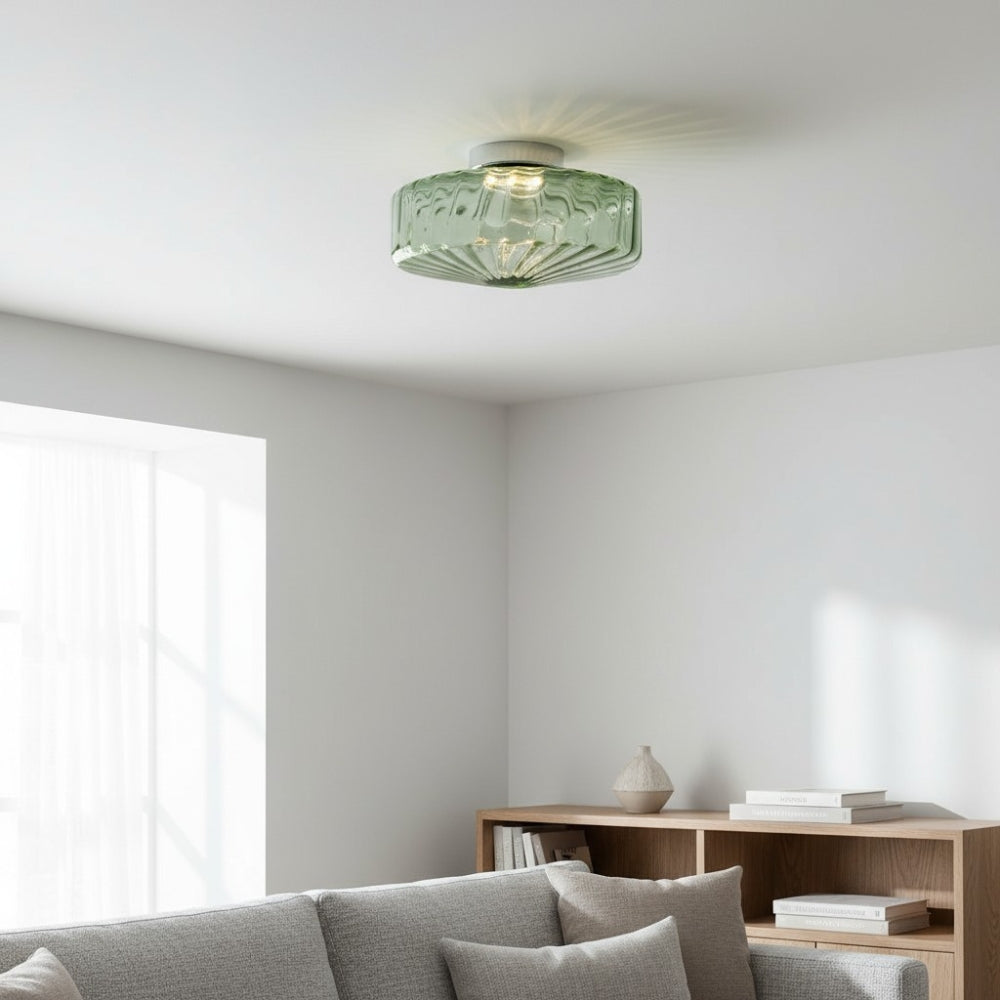 Vintage Ribbed Green Glass Ceiling Light For Dining Room Entrance And Hallway