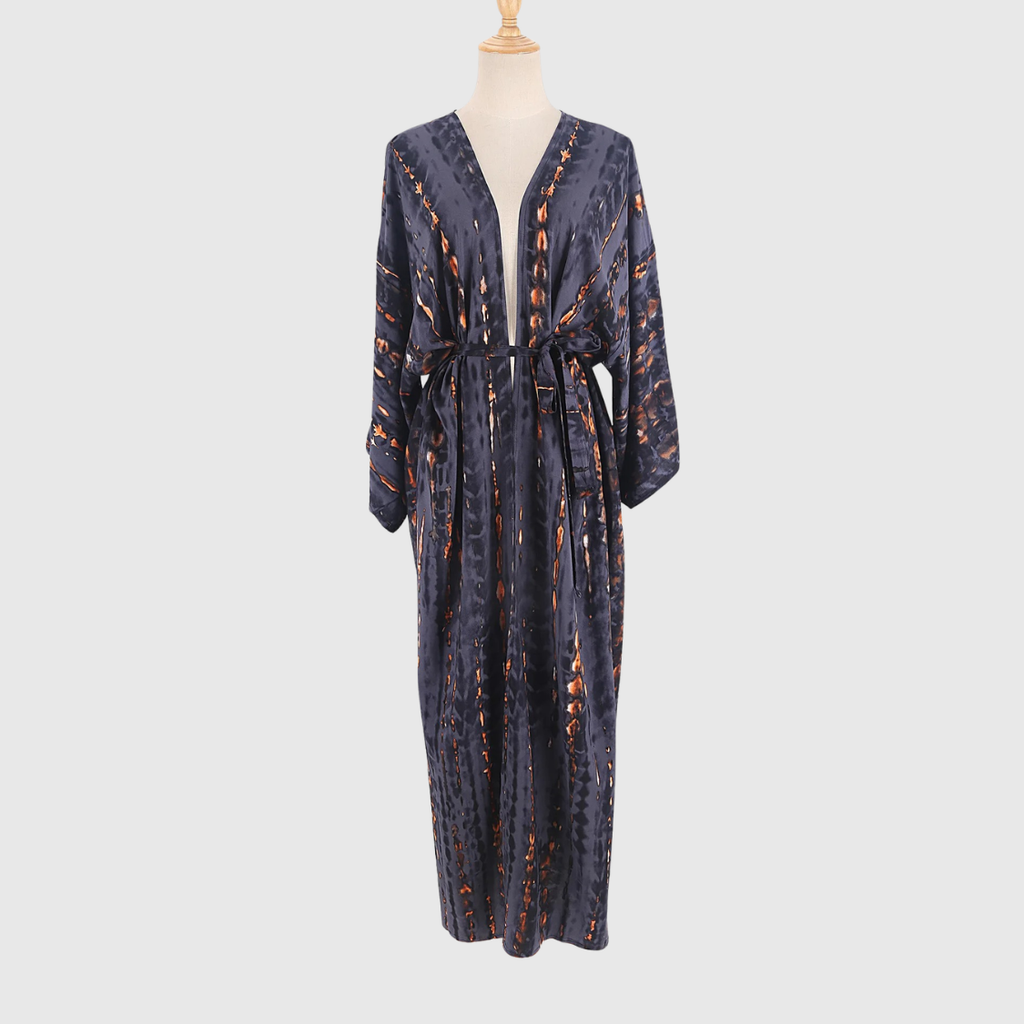 Kimono playero tie-dye OCEANVEIL — Prenda ligera y vaporosa de verano con cinturón del mismo tejido