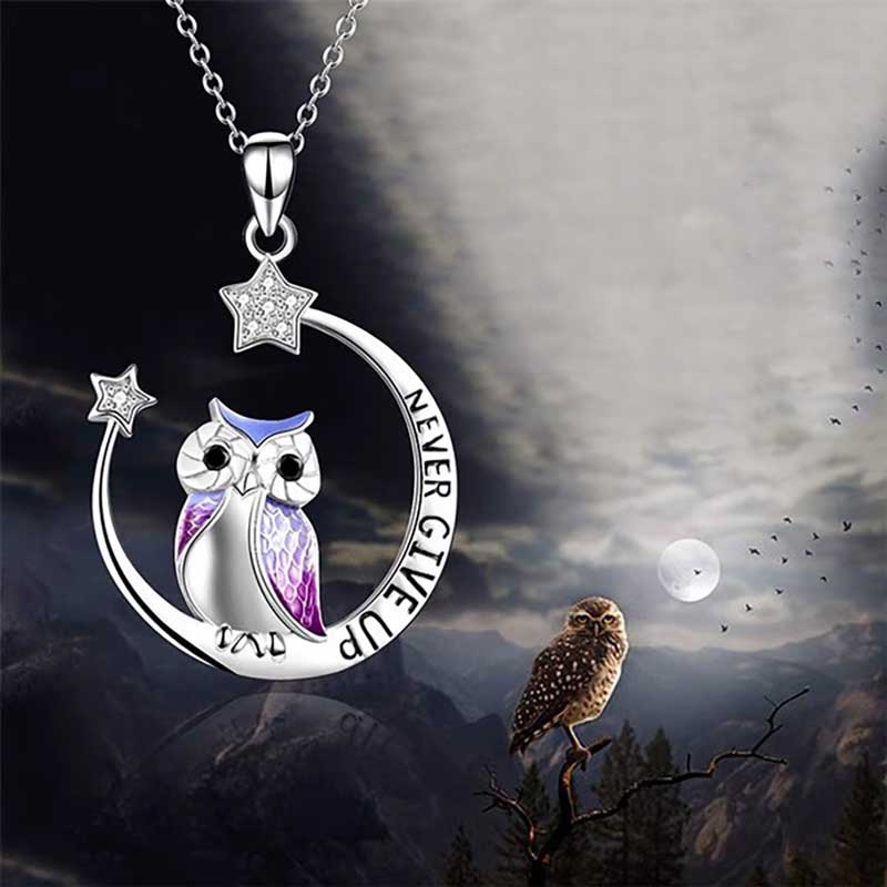 Never Give Up Owl Necklace — Moon and Stars Pendant