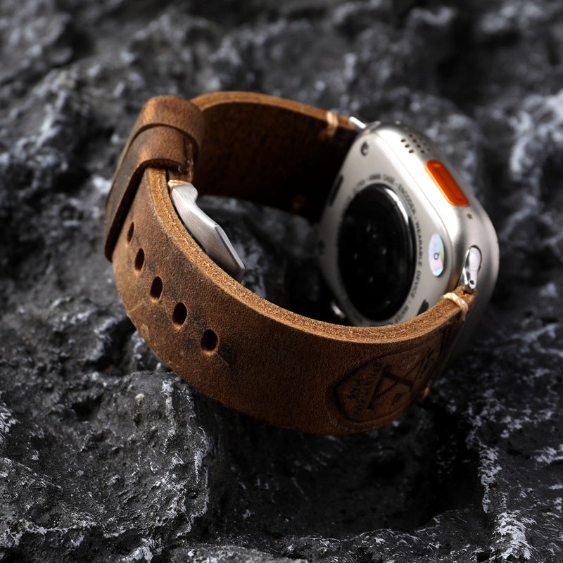 Vintage Leather Apple Watch Band With Hand-Stitched Seams Full-Grain Finish 40-49mm