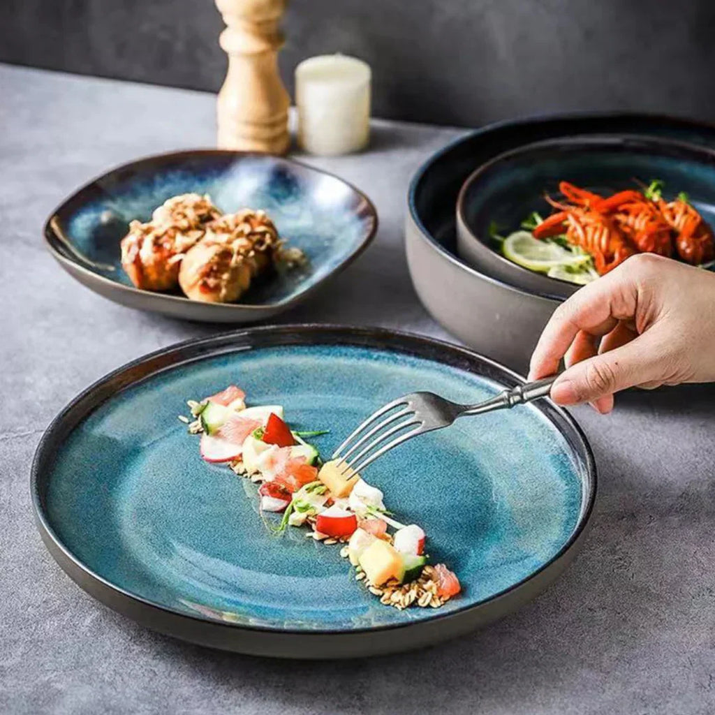 Turquoise 11-Piece Porcelain Dinnerware Set Handmade Glazed Dinner Plates and Bowls