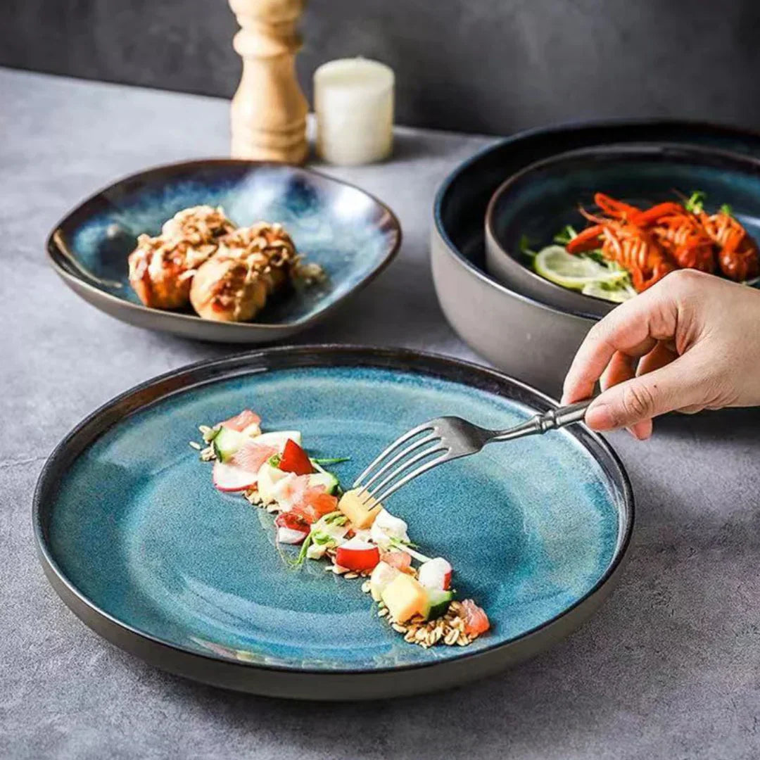 Turquoise 11-Piece Porcelain Dinnerware Set Handmade Glazed Dinner Plates and Bowls