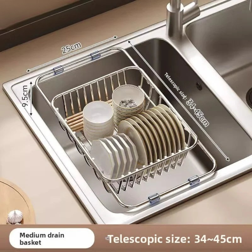DRAINFLOW Adjustable Telescopic Sink Drain Basket – Expandable Kitchen Organizer