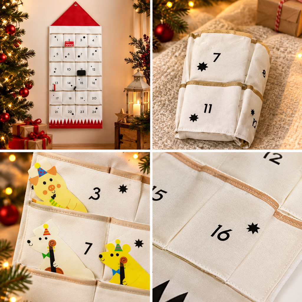 Adventskalender van stof om zelf te vullen — 24 afzonderlijke vakjes voor het aftellen in december