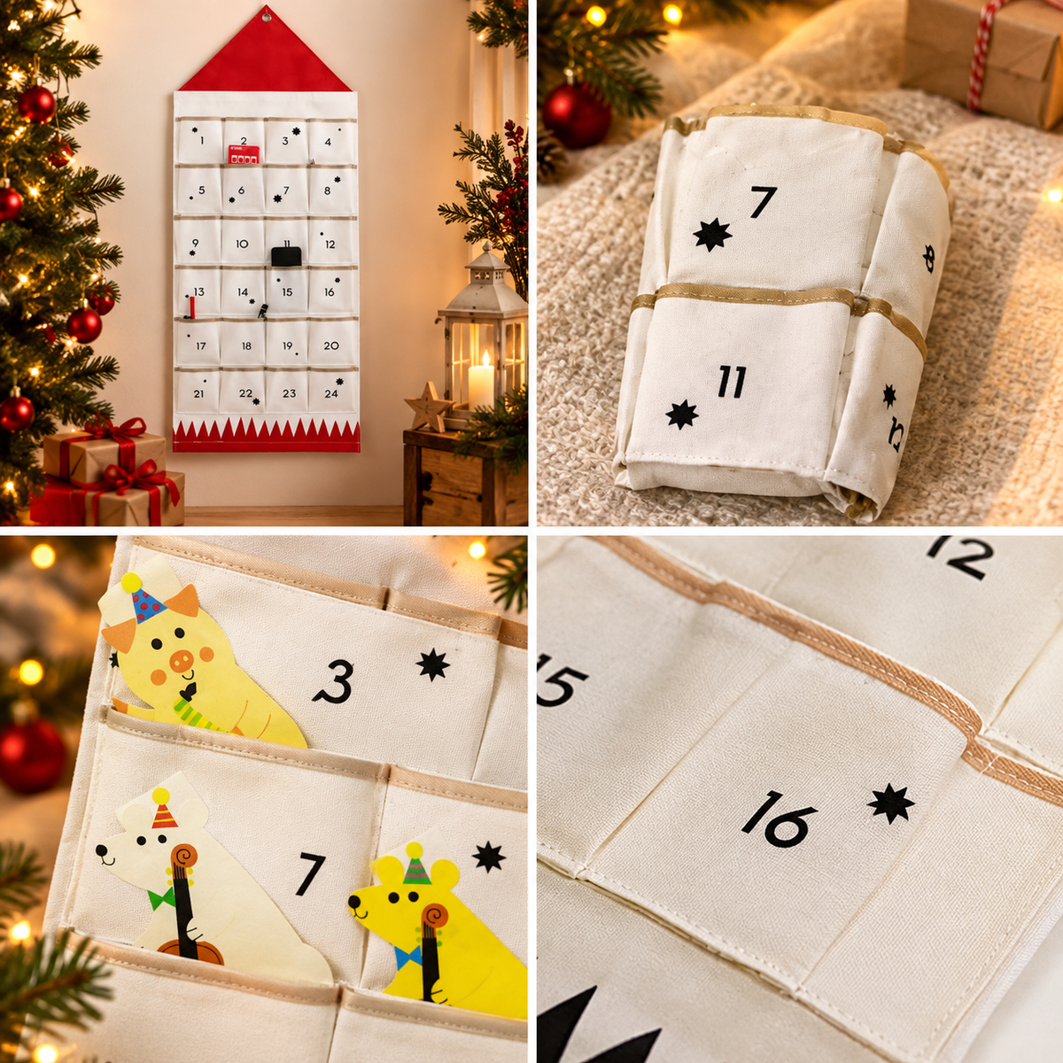 Adventskalender van stof om zelf te vullen — 24 afzonderlijke vakjes voor het aftellen in december