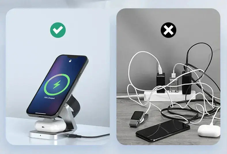 3-in-1 Foldable Wireless Charging Station — 30 W, Three-Device Charging, Upright Phone Stand