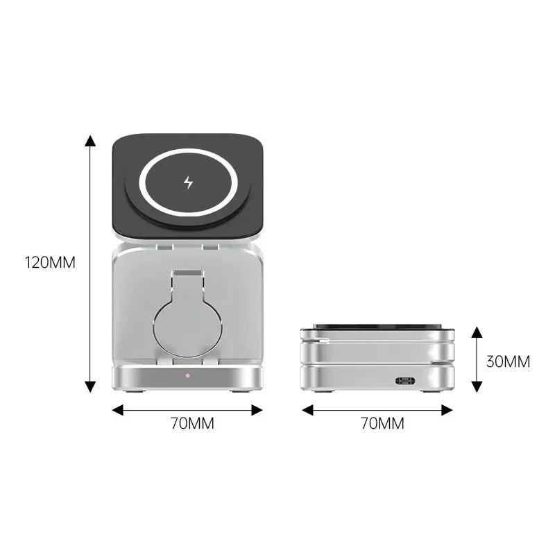 3-in-1 Foldable Wireless Charging Station — 30 W, Three-Device Charging, Upright Phone Stand