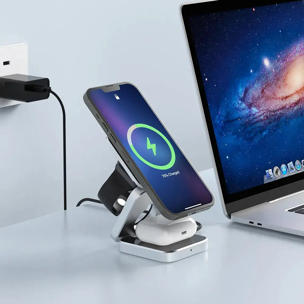 3-in-1 Foldable Wireless Charging Station — 30 W, Three-Device Charging, Upright Phone Stand