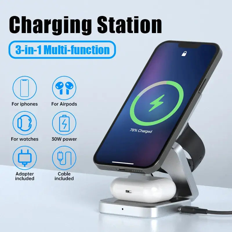 3-in-1 Foldable Wireless Charging Station — 30 W, Three-Device Charging, Upright Phone Stand