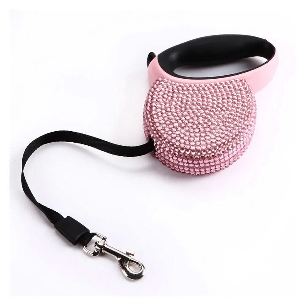 GlimmerPaw Luxury Retractable Leash — Rhinestone Trim, Smooth Retracting Handle