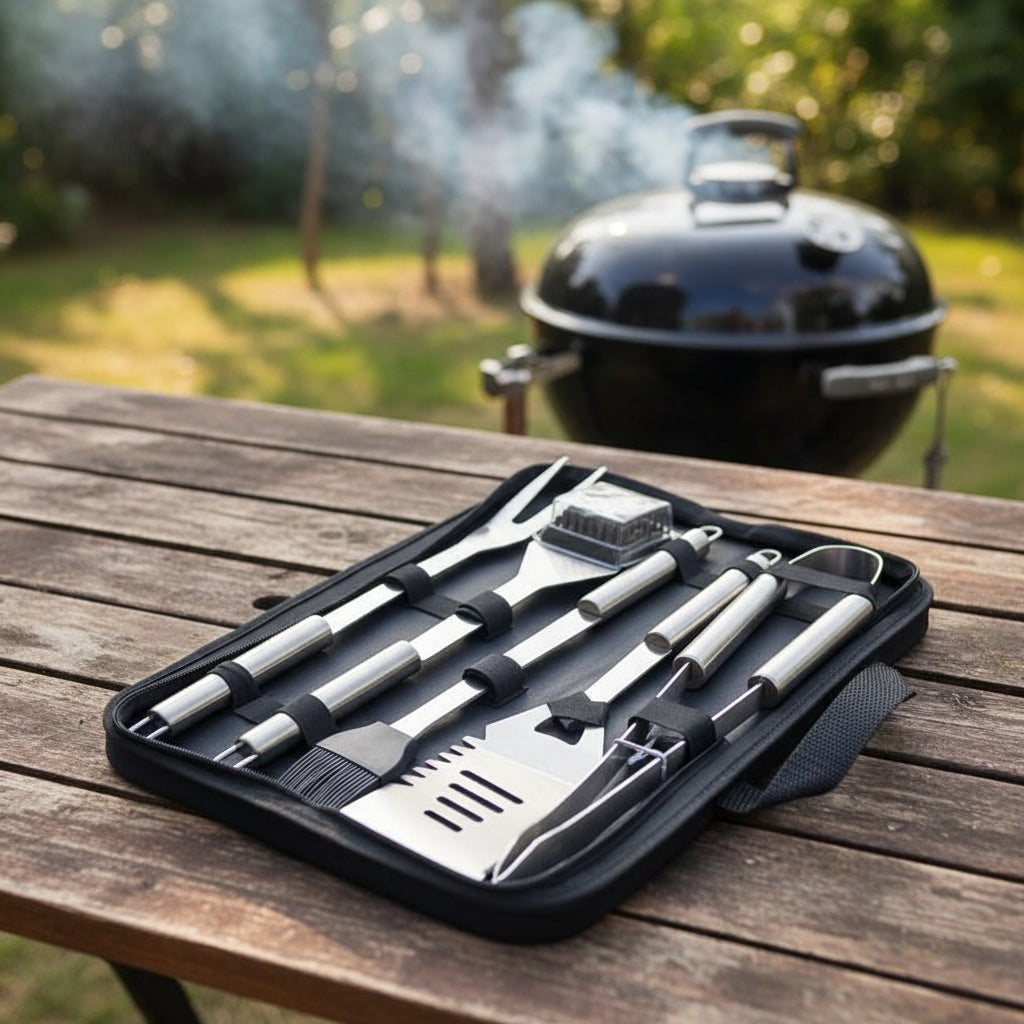 GRILLMASTER Set de ustensile pentru grătar — unelte din oțel inoxidabil și husă de transport