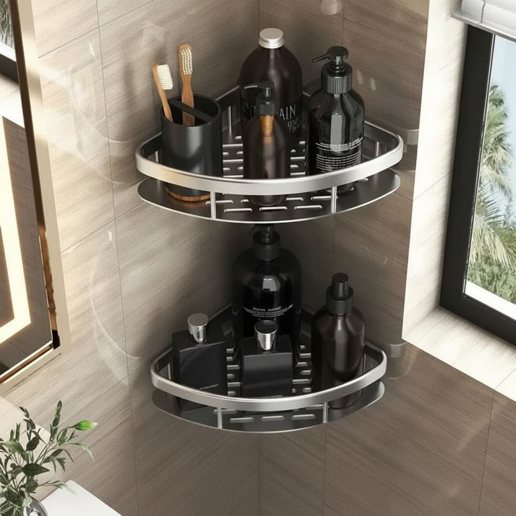 Organizer da parete per bagno ALUVAULT — Scaffale contenitore in lega di alluminio dal design elegante