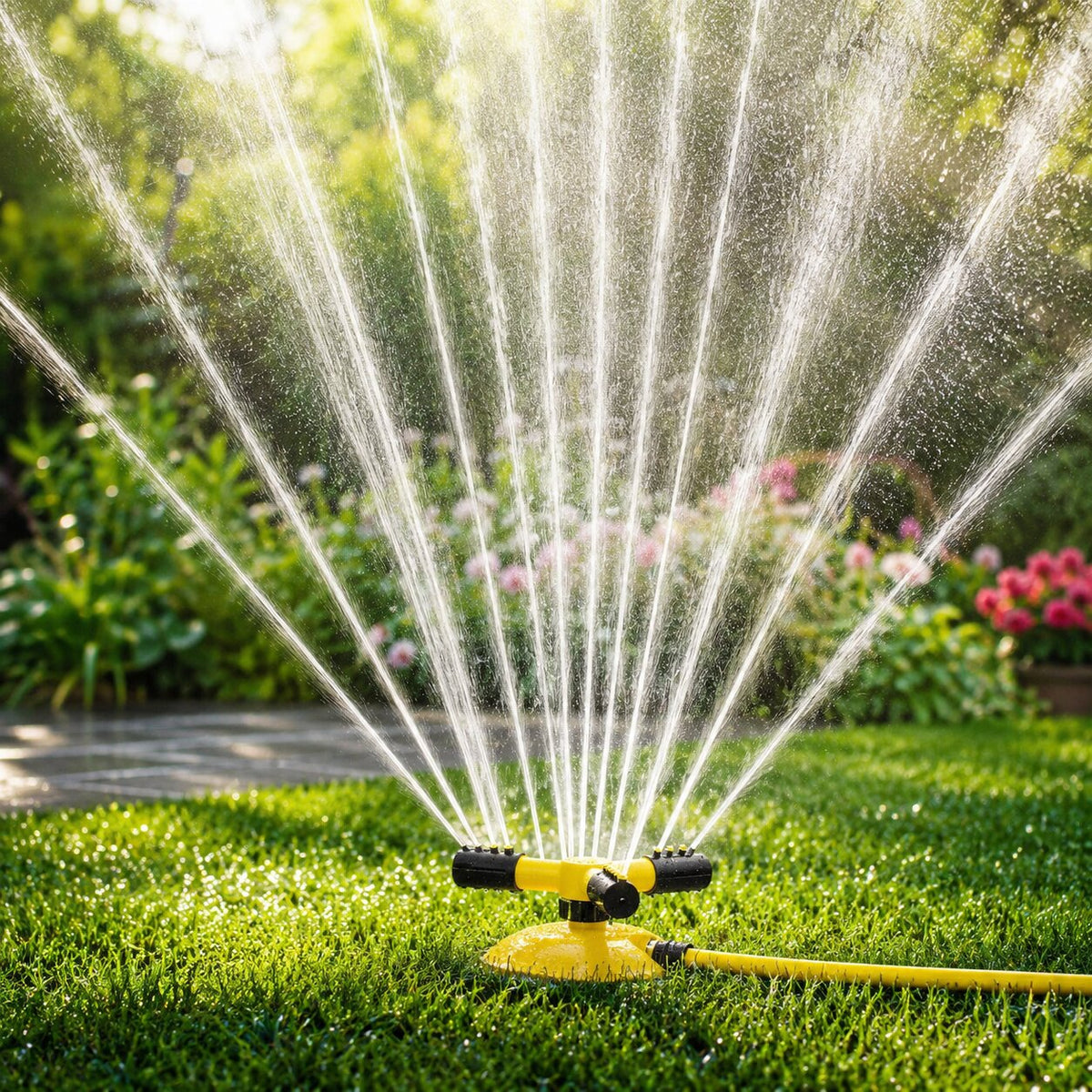 AquaWirbel 360°芝生スプリンクラー - 散水範囲調節可能、ユニバーサルホース接続