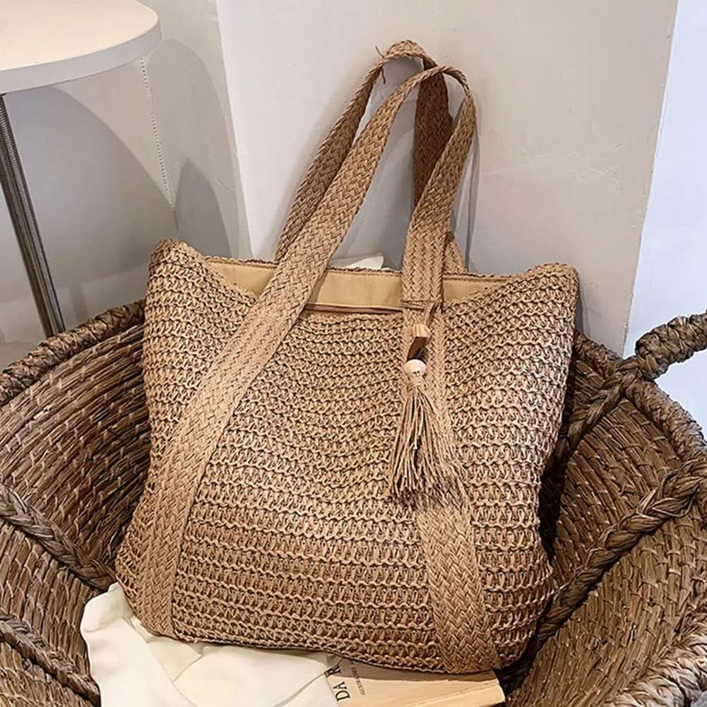 BOHOWEAVE Geflochtene Raffia-Tragetasche — Geräumige Schultertasche mit Quastendetail