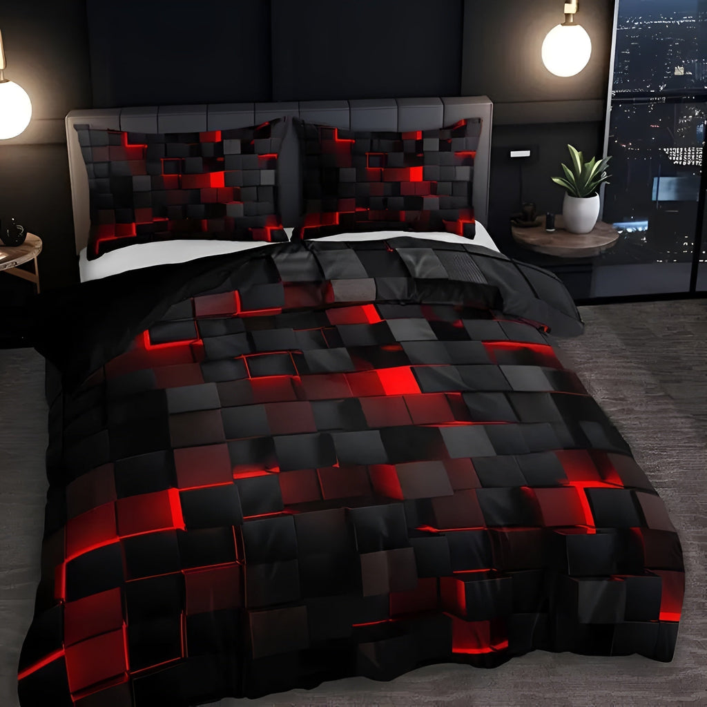 Neonara Set di copripiumino e federe 3D — Biancheria da letto con griglia futuristica da gamer