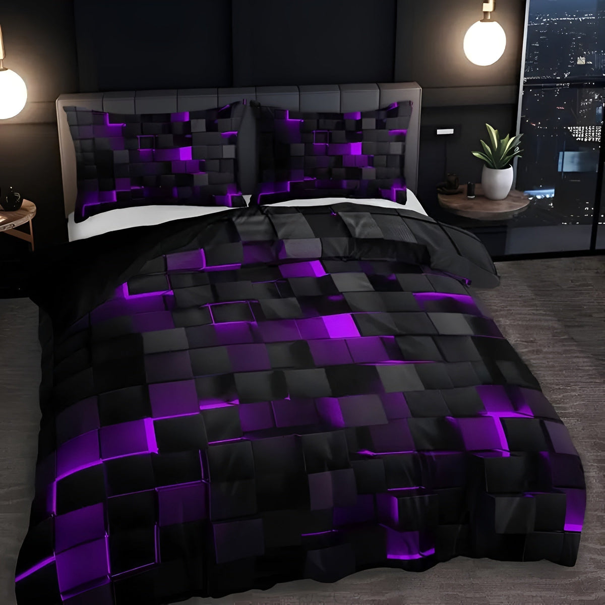 Neonara Set di copripiumino e federe 3D — Biancheria da letto con griglia futuristica da gamer