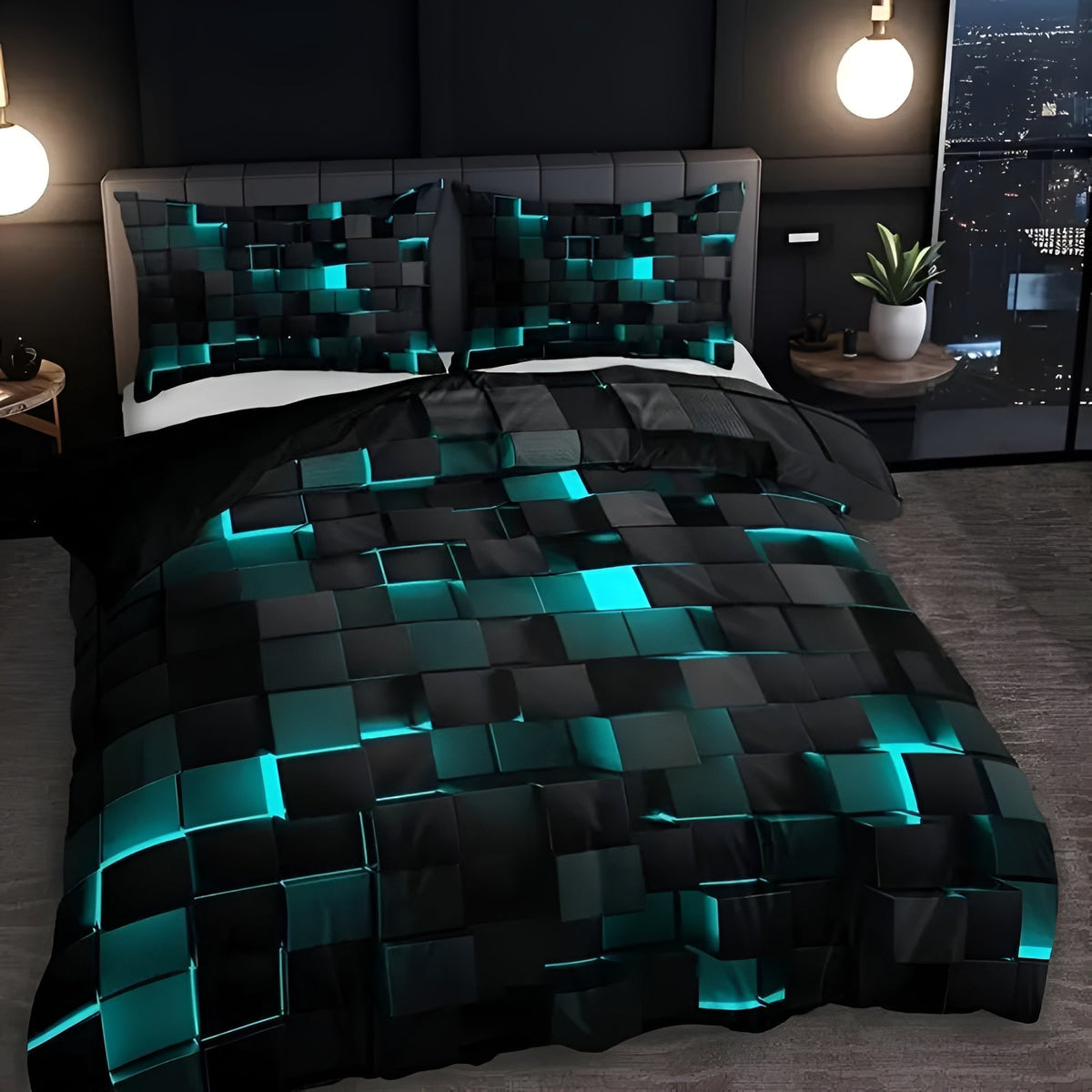 Neonara Set di copripiumino e federe 3D — Biancheria da letto con griglia futuristica da gamer