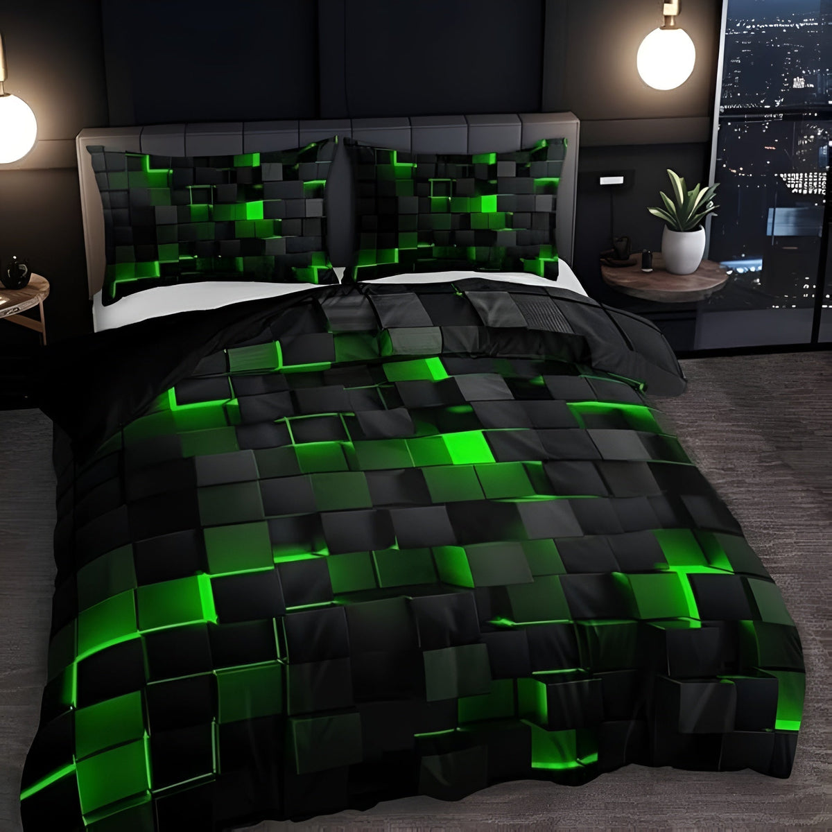 Neonara Set di copripiumino e federe 3D — Biancheria da letto con griglia futuristica da gamer