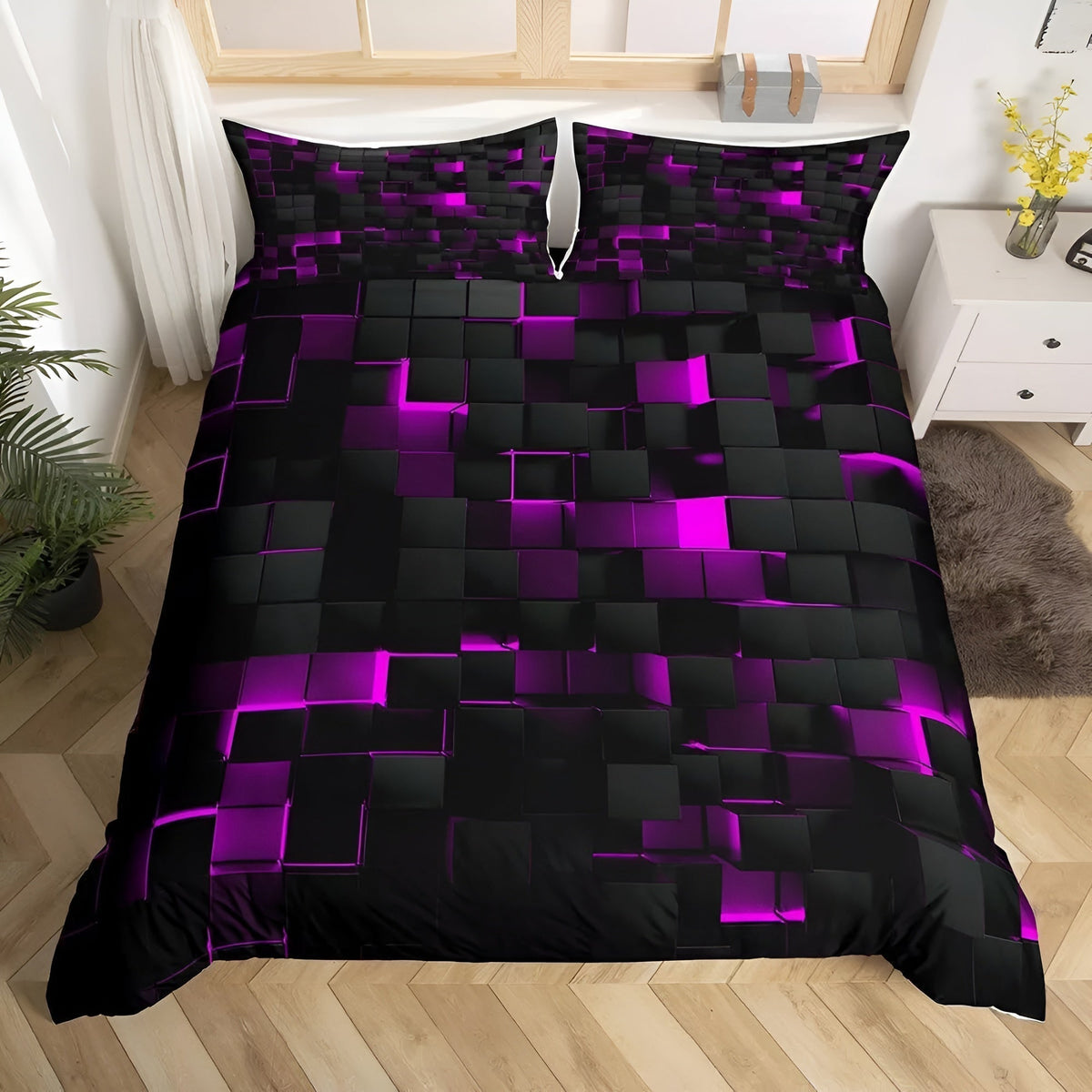 Neonara Set di copripiumino e federe 3D — Biancheria da letto con griglia futuristica da gamer