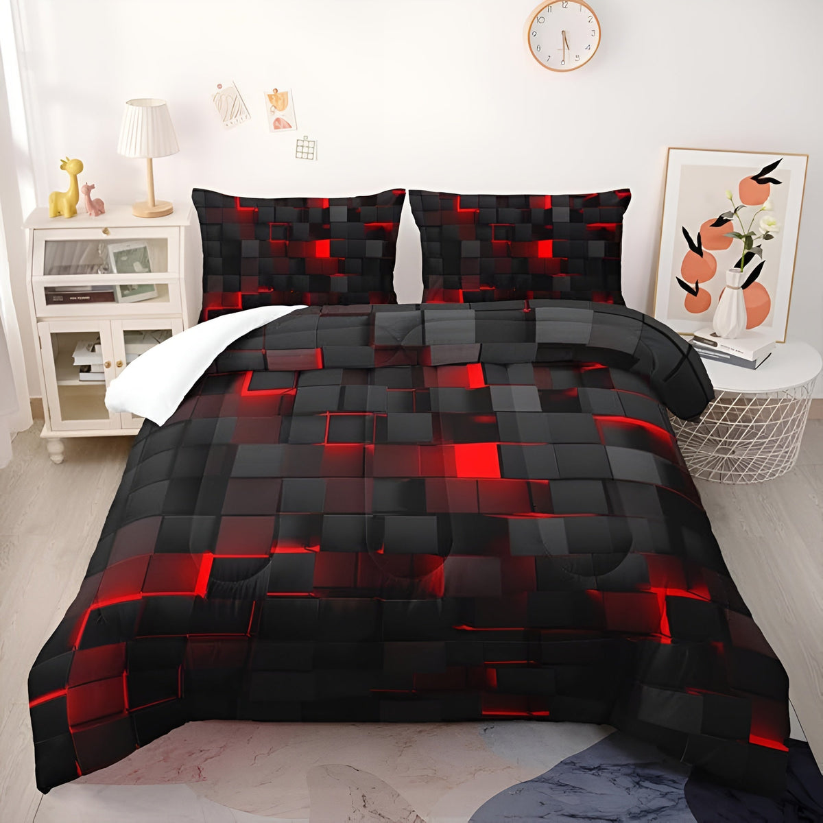 Neonara Set di copripiumino e federe 3D — Biancheria da letto con griglia futuristica da gamer