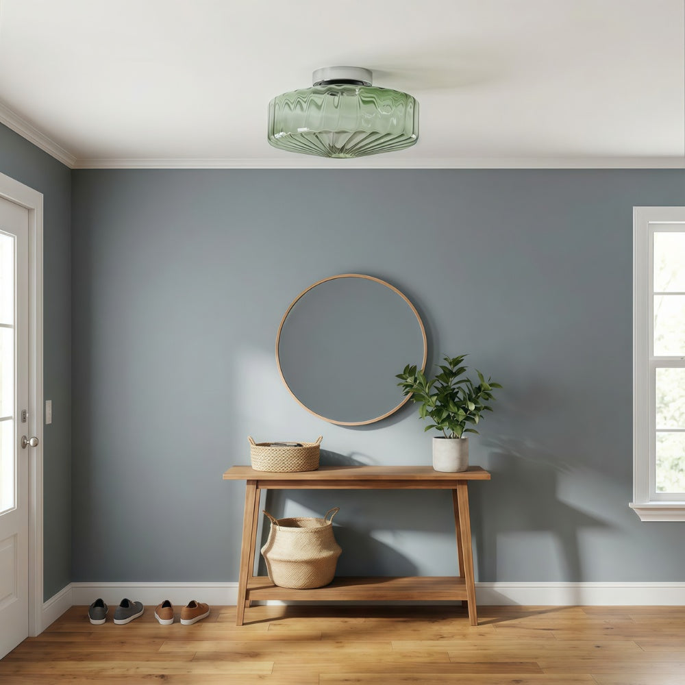 Vintage Ribbed Green Glass Ceiling Light For Dining Room Entrance And Hallway