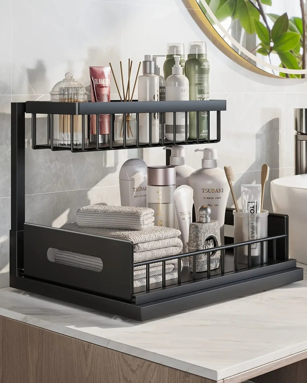 Under-Sink Extendable Cabinet Organizer With Two Levels Black And White
