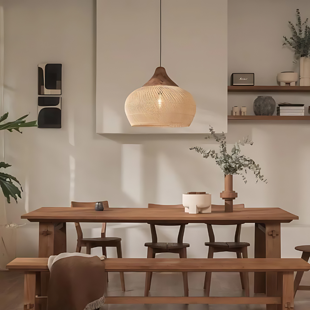 Kevara handgewebte Rattan-Pendelleuchte für Boho-Dekor, Deckenlampe und natürlicher Schirm
