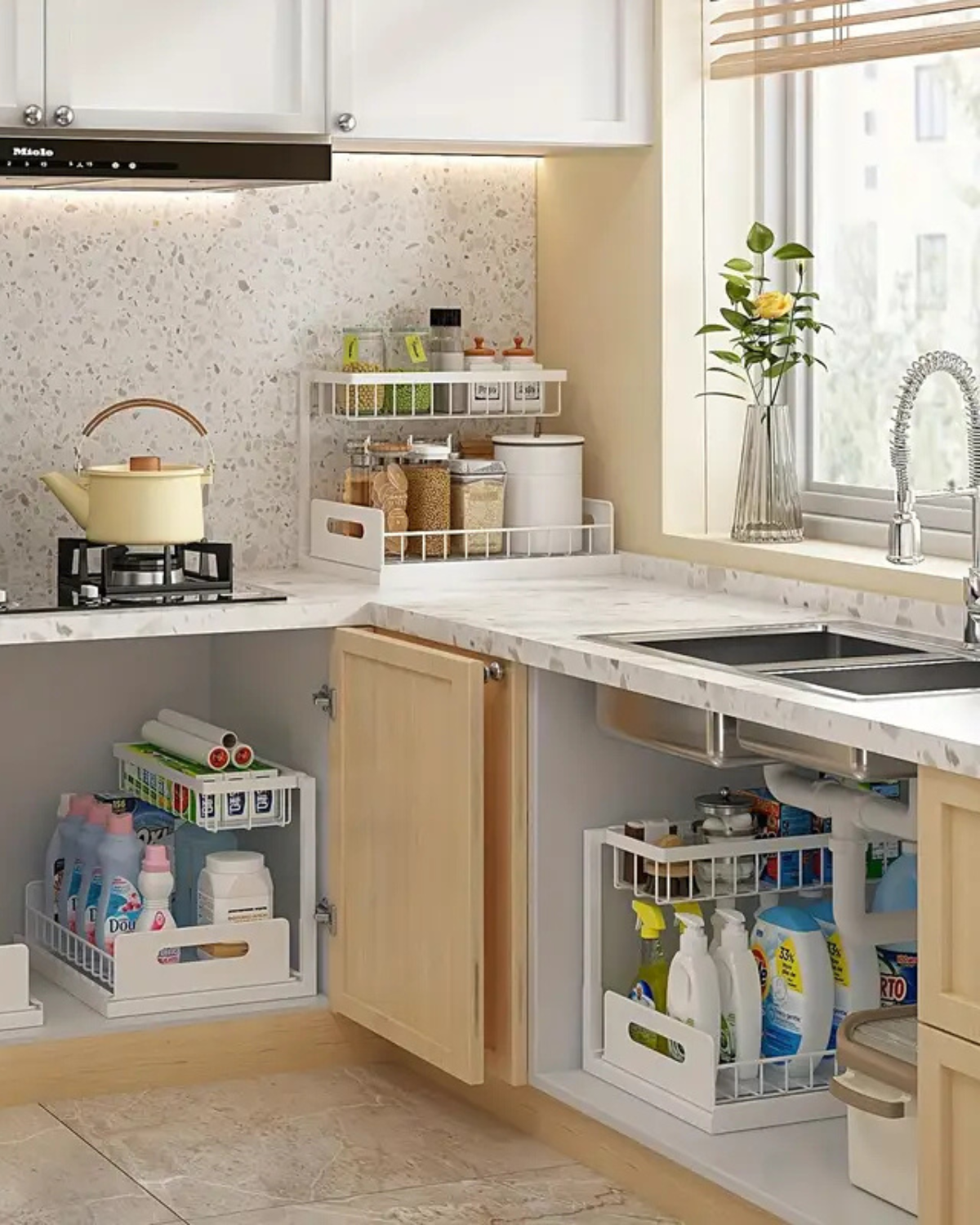 Under-Sink Extendable Cabinet Organizer With Two Levels Black And White