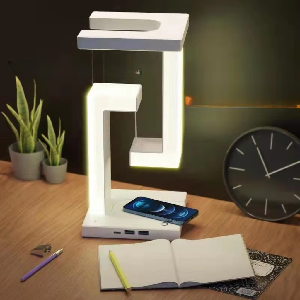Levitating Desk Light Featuring Wireless Charging Pad For Modern Home Office Use Dimmable Brightness