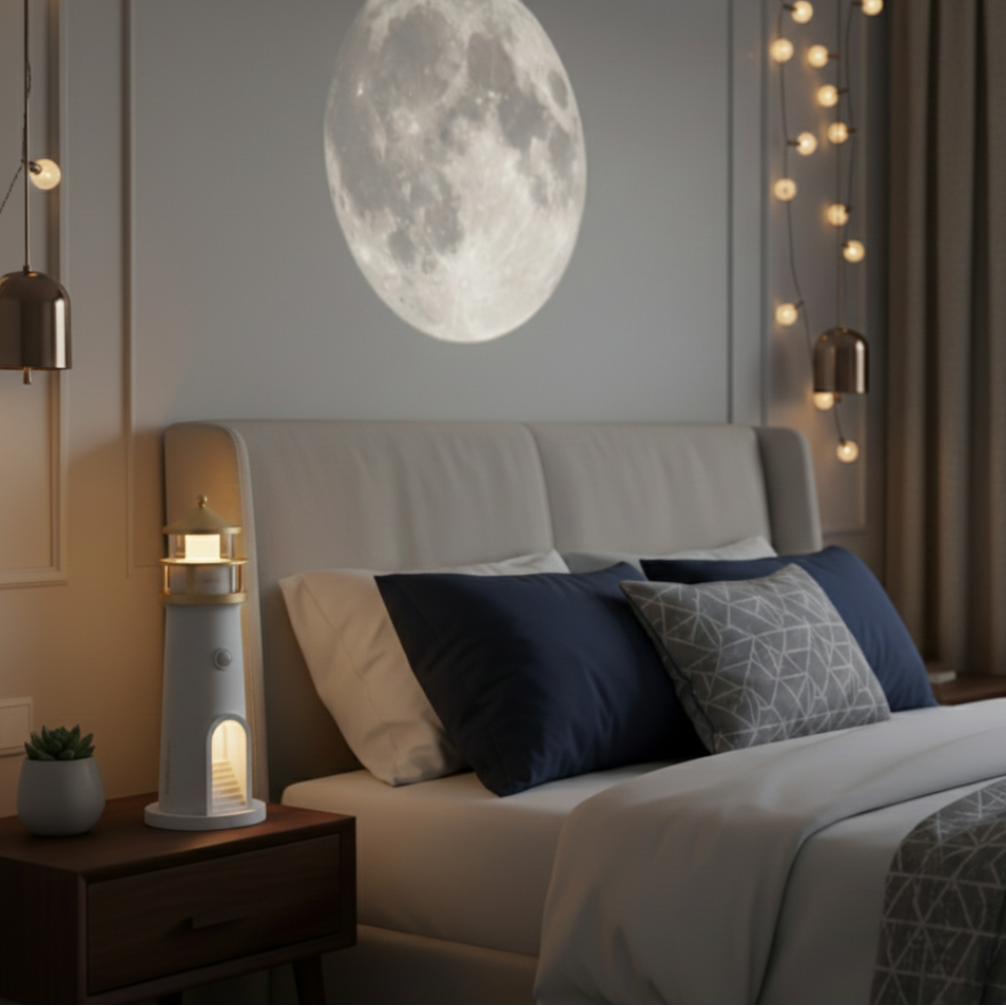 Lighthouse Night Light Projection With Bluetooth Speaker For Ambient Home Ambience And Relaxing Glow